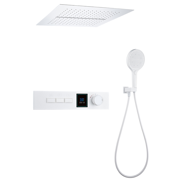 Sistema di doccia termostatica bianca opaca a soffitto di lusso Sistema doccia a corpo pieno montato con doccia a mano e display a temperatura digitale