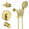 Gold shower faucet with tub spout, bathtub and shower faucet combination set with valve, 7 spray heads high pressure double shower head